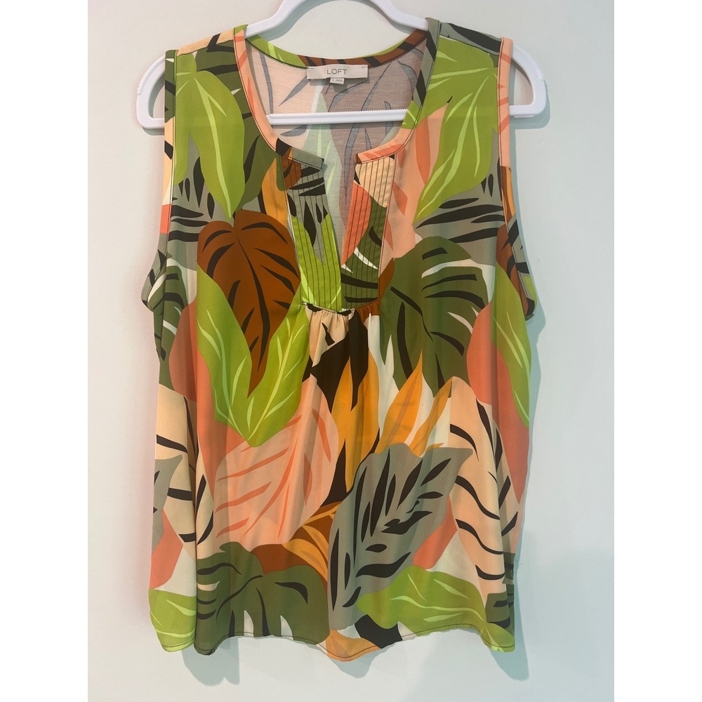 LOFT Womens XL Tropical Leaf Print Split Neck Sleeveless Shell Top Vacation
